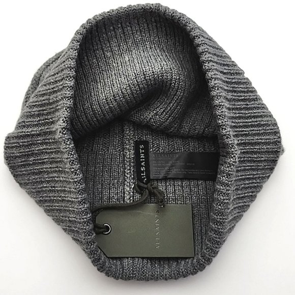 AllSaints Unisex Merino Wool Blend Knit Charcoal Grey Rib Mix Beanie Size OS - Picture 6 of 10